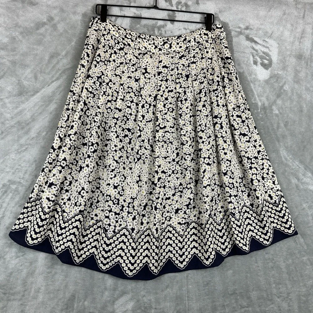 Talbots Pleated Skirt Women's 10 Blue w/ White Yellow Daisy Print A-Line Lined